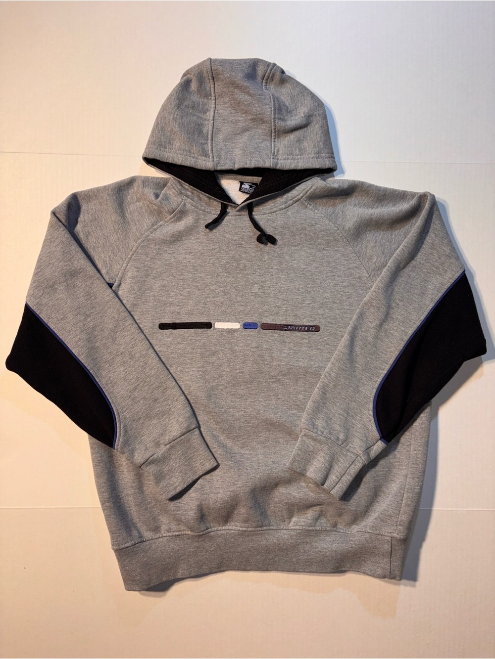 Vtg Starter Embroidered Spell Out Y2K Two Tone Pullover Fleece Hoodie Sz M